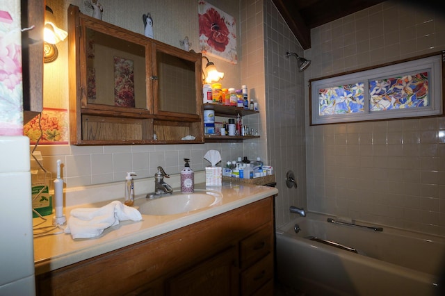 3193 Pine Ridge Dr, Bushkill, PA 18324 - bathroom featuring shower / tub combination, vanity, and backsplash