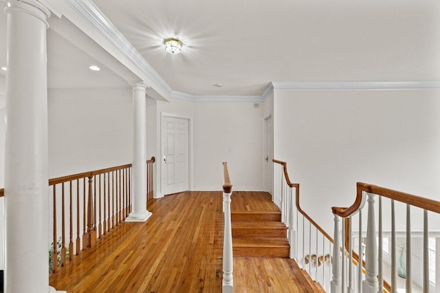 255 Rising Meadow Way E, Stroudsburg, PA 18302 - hall with light wood-style flooring, an upstairs landing, and ornamental molding