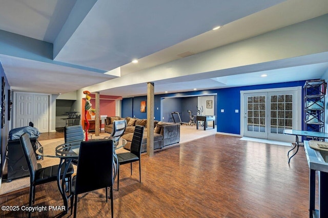 dining area featuring recessed lighting, french doors, baseboards, and wood finished floors