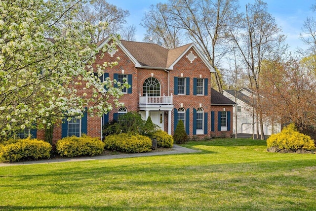 255 Rising Meadow Way E, Stroudsburg, PA 18302 - colonial home with brick siding, a balcony, and a front lawn