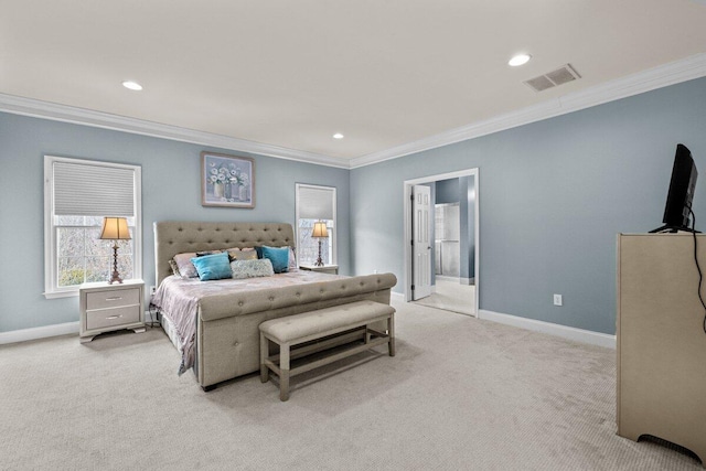 255 Rising Meadow Way E, Stroudsburg, PA 18302 - bedroom featuring crown molding, light colored carpet, recessed lighting, and connected bathroom