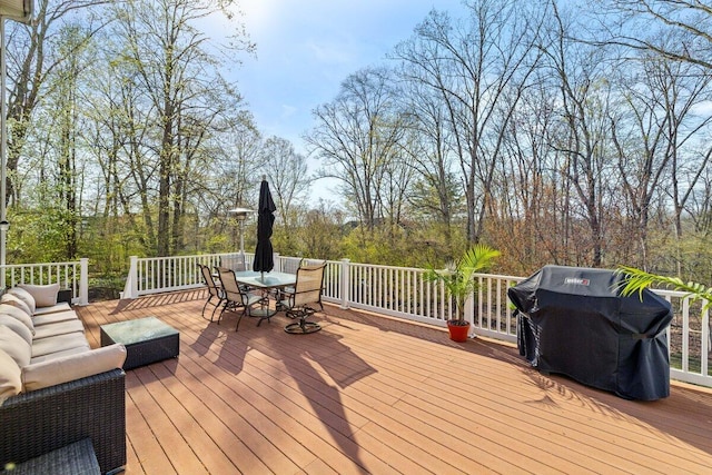255 Rising Meadow Way E, Stroudsburg, PA 18302 - wooden deck featuring outdoor dining space, a grill, and outdoor lounge area