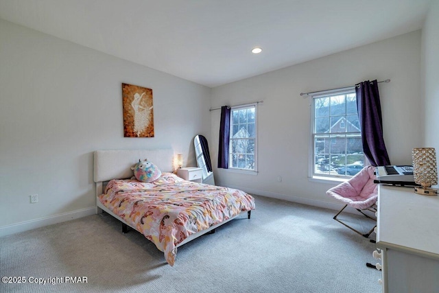 bedroom featuring carpet floors, baseboards, and recessed lighting