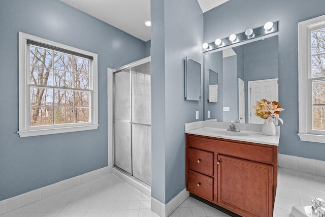 255 Rising Meadow Way E, Stroudsburg, PA 18302 - bathroom with vanity, a shower stall, and tile patterned flooring