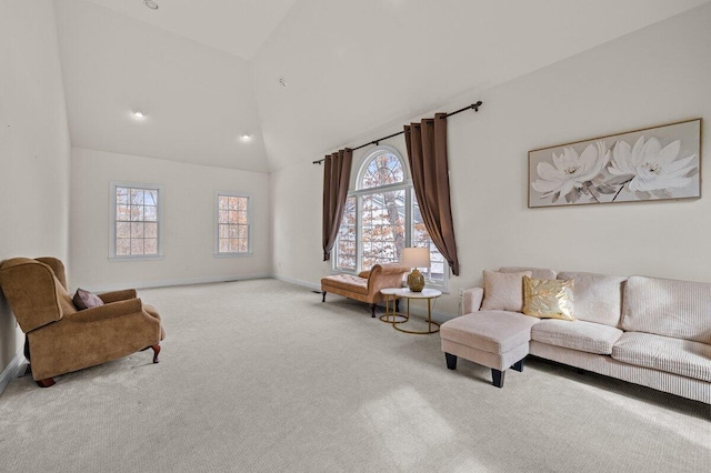 255 Rising Meadow Way E, Stroudsburg, PA 18302 - living room with high vaulted ceiling, carpet, and recessed lighting