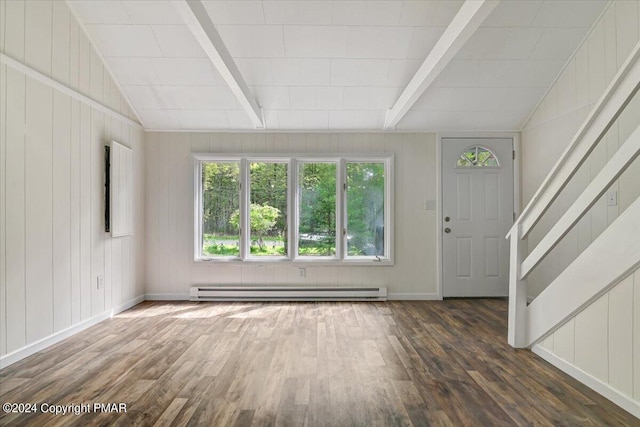 unfurnished living room featuring lofted ceiling with beams, stairway, baseboard heating, and wood finished floors