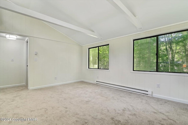 spare room featuring baseboards, carpet flooring, lofted ceiling with beams, and baseboard heating