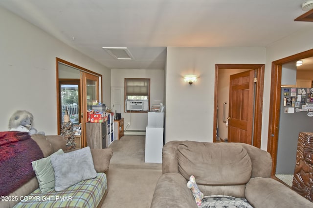 4462 Woodside Dr, East Stroudsburg, PA 18301 - carpeted living room with attic access and a baseboard heating unit