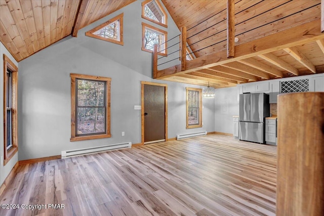 unfurnished living room with light wood-type flooring, wood ceiling, and baseboard heating