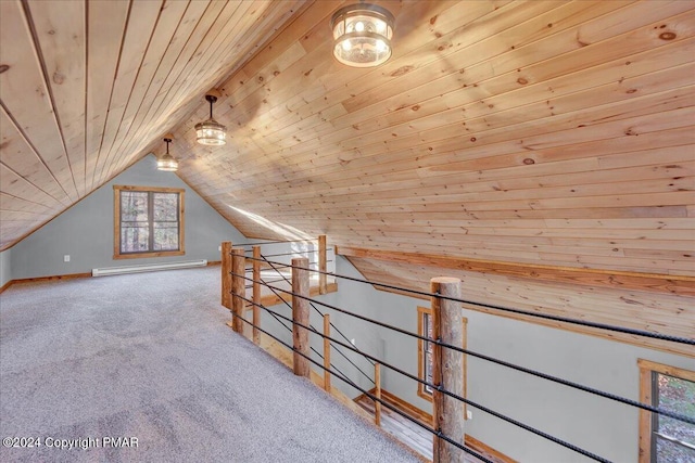 bonus room featuring baseboards, lofted ceiling, wood ceiling, carpet, and a baseboard heating unit