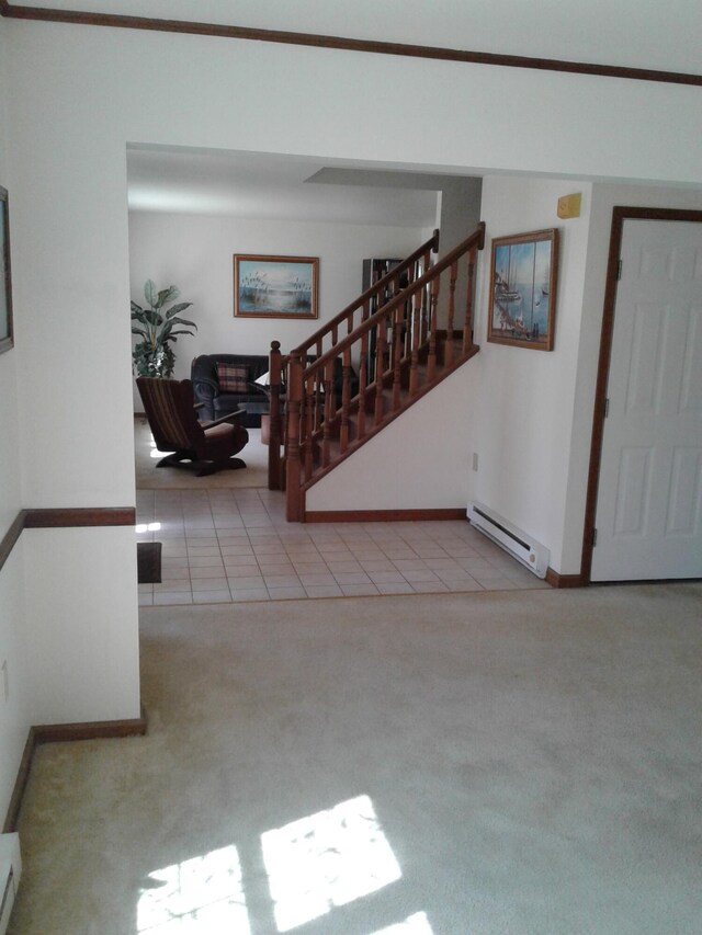 2852 Oak View Ln, Tobyhanna, PA 18466 - tiled foyer with baseboard heating, carpet floors, and stairs