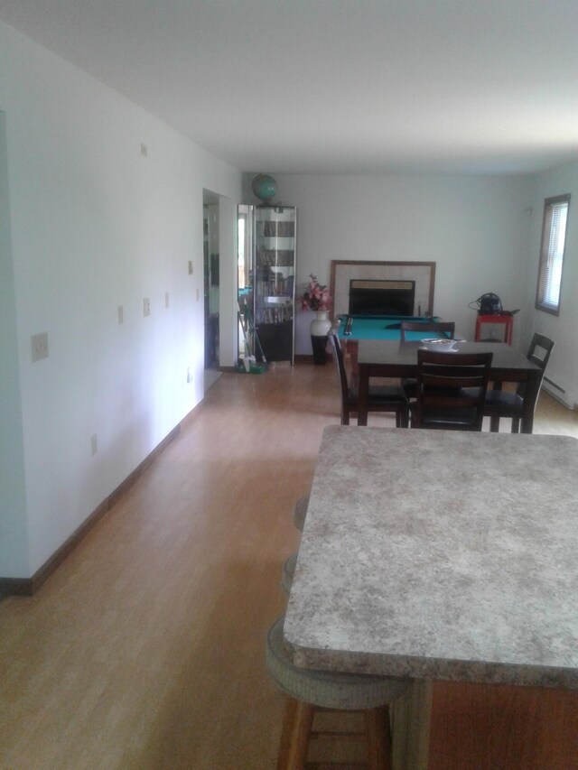 2852 Oak View Ln, Tobyhanna, PA 18466 - dining space with a baseboard radiator, a fireplace, and light wood-style floors