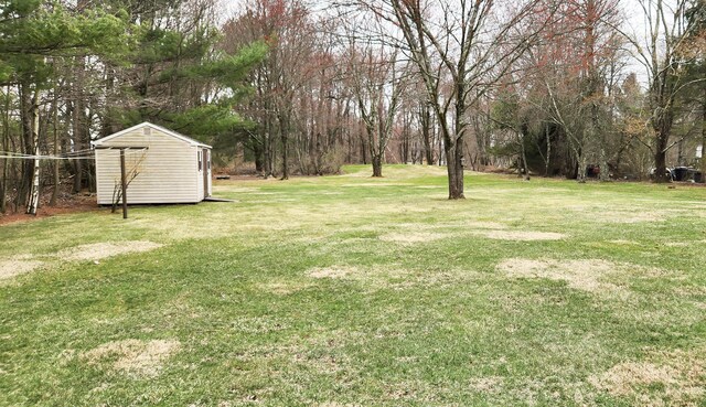 view of green lawn featuring a shed and an outdoor structure