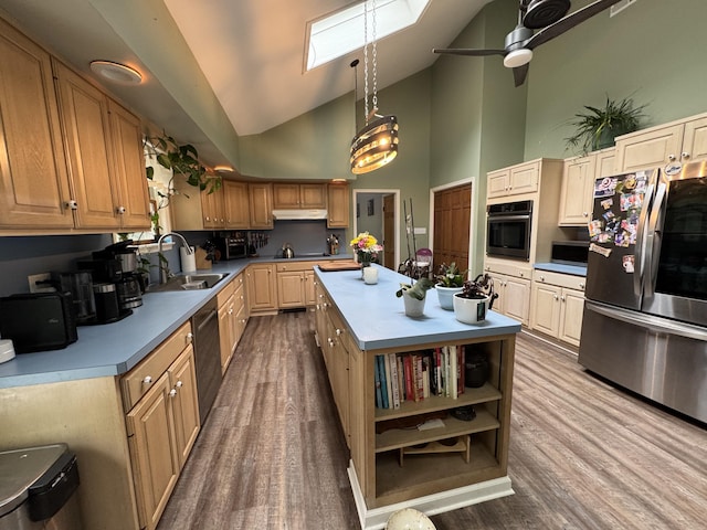 462 Plane St, Weatherly, PA 18255 - kitchen featuring appliances with stainless steel finishes, a sink, open shelves, under cabinet range hood, and high vaulted ceiling