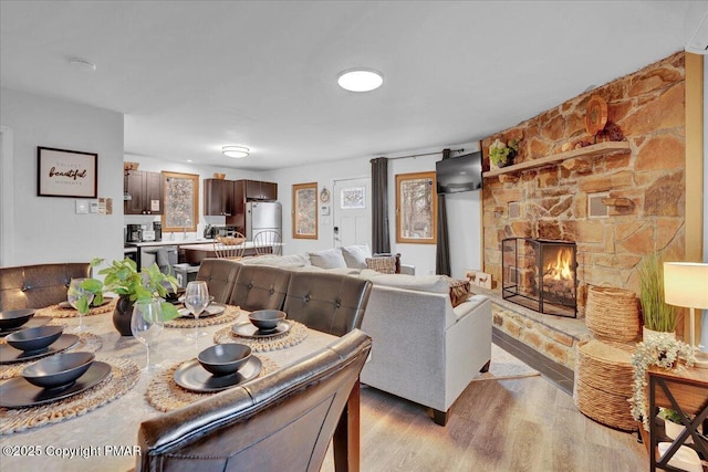 living room featuring a fireplace and light wood finished floors