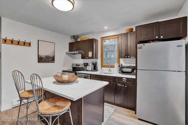 kitchen with electric range, a sink, under cabinet range hood, a center island, and freestanding refrigerator