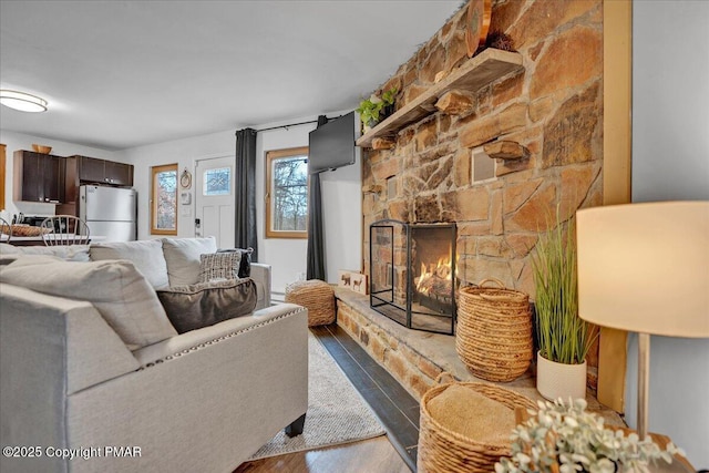 living room featuring a stone fireplace and wood finished floors