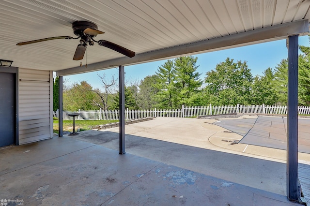 view of patio / terrace featuring a fenced backyard and a ceiling fan