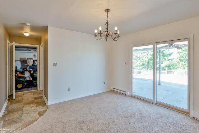 unfurnished room featuring baseboards, baseboard heating, light colored carpet, and a chandelier