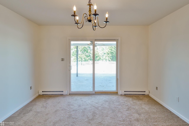 unfurnished room featuring baseboard heating, carpet floors, a baseboard radiator, baseboards, and an inviting chandelier
