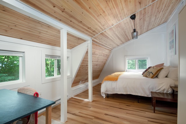 235 3rd St, Pocono Pines, PA 18350 - bedroom with vaulted ceiling, wooden ceiling, light wood finished floors, and a baseboard radiator