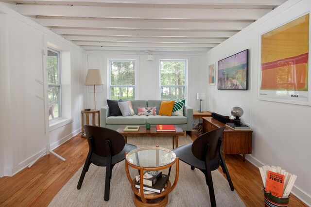 235 3rd St, Pocono Pines, PA 18350 - living area featuring light wood finished floors, plenty of natural light, baseboards, and beamed ceiling