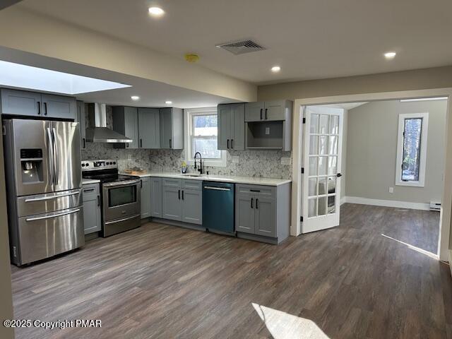 kitchen featuring wall chimney exhaust hood, stainless steel appliances, a sink, and gray cabinetry