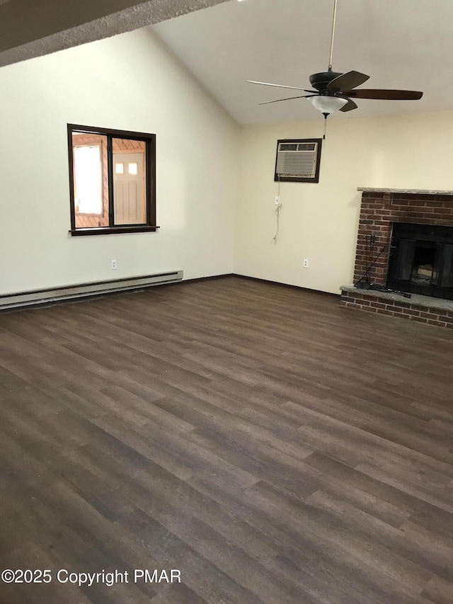 unfurnished living room with lofted ceiling, baseboard heating, a fireplace, dark hardwood / wood-style flooring, and an AC wall unit