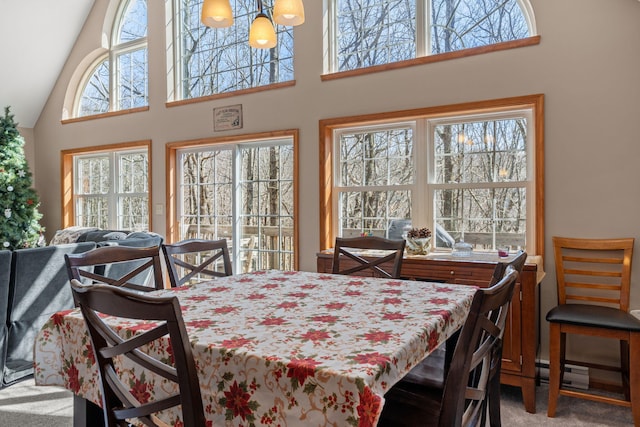 dining space featuring baseboard heating, a high ceiling, and carpet