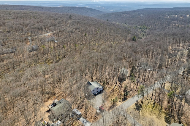 drone / aerial view featuring a mountain view and a view of trees