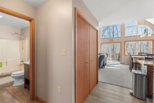 hallway featuring baseboards, wood finished floors, and vaulted ceiling