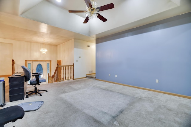 3122 Sparrow Ct, East Stroudsburg, PA 18302 - unfurnished office with carpet flooring, lofted ceiling, ceiling fan, and a chandelier