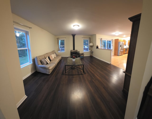 210 Grouse Run, Cresco, PA 18326 - living room with a wood stove, wood finished floors, and plenty of natural light