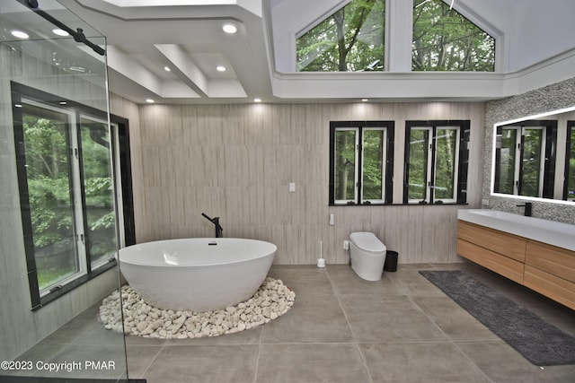 386 Camelback Rd, Tannersville, PA 18372 - bathroom with toilet, a soaking tub, vanity, and recessed lighting