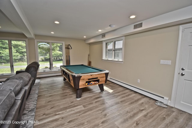 386 Camelback Rd, Tannersville, PA 18372 - recreation room featuring baseboard heating, billiards, recessed lighting, visible vents, and wood finished floors