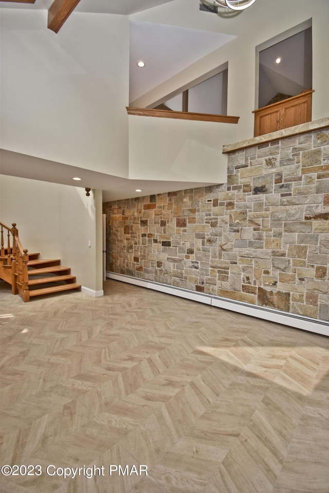 386 Camelback Rd, Tannersville, PA 18372 - interior space with recessed lighting, stairs, a high ceiling, and beam ceiling