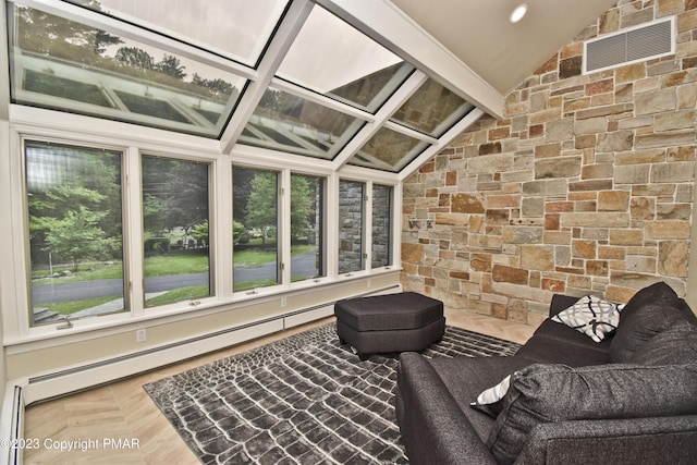 386 Camelback Rd, Tannersville, PA 18372 - sunroom / solarium featuring visible vents, a baseboard radiator, and vaulted ceiling