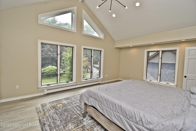 386 Camelback Rd, Tannersville, PA 18372 - bedroom featuring high vaulted ceiling, light wood-style flooring, a baseboard heating unit, and baseboards