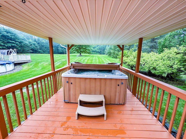 3708 Bayberry Dr, Danielsville, PA 18038 - wooden terrace featuring a hot tub and a yard
