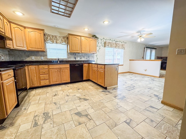 3708 Bayberry Dr, Danielsville, PA 18038 - kitchen featuring black appliances, a peninsula, ceiling fan, tasteful backsplash, and extractor fan