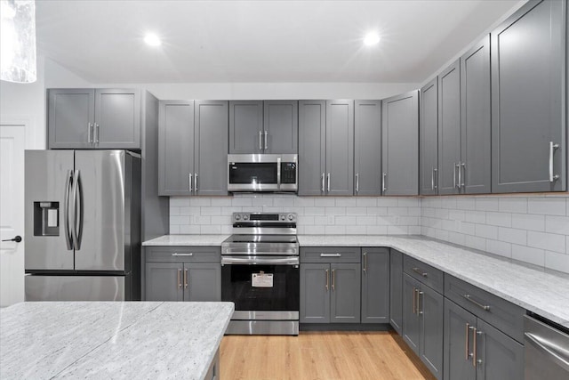 156 Crabapple Ln, Kunkletown, PA 18058 - kitchen with appliances with stainless steel finishes, gray cabinetry, light wood finished floors, backsplash, and recessed lighting