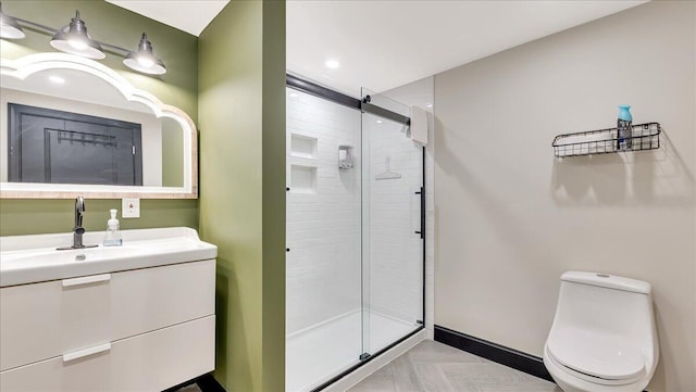 109 Silver Ln, Cresco, PA 18326 - full bath with toilet, a shower stall, vanity, recessed lighting, and baseboards