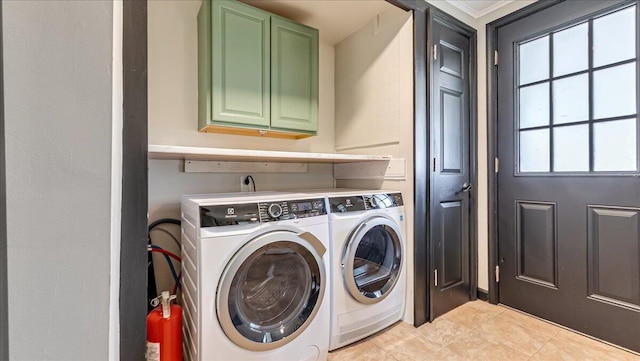 109 Silver Ln, Cresco, PA 18326 - laundry area with washer and clothes dryer, light tile patterned floors, and cabinet space
