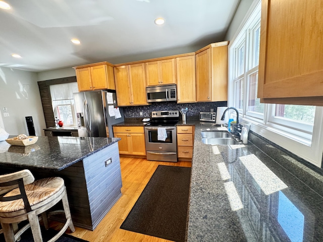 kitchen featuring plenty of natural light, a sink, light wood-type flooring, and stainless steel appliances