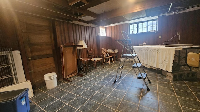 455 Laurel Pine Rd, Cresco, PA 18326 - misc room with wood walls and dark tile patterned floors