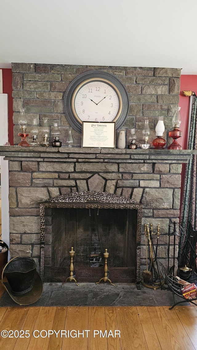 455 Laurel Pine Rd, Cresco, PA 18326 - detailed view of a stone fireplace and wood finished floors