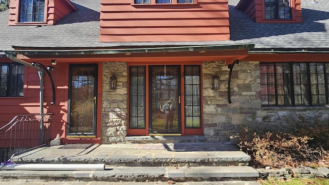 455 Laurel Pine Rd, Cresco, PA 18326 - doorway to property with stone siding, roof with shingles, and a porch
