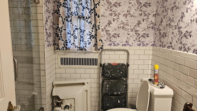 455 Laurel Pine Rd, Cresco, PA 18326 - bathroom featuring tile walls, wallpapered walls, wainscoting, and toilet