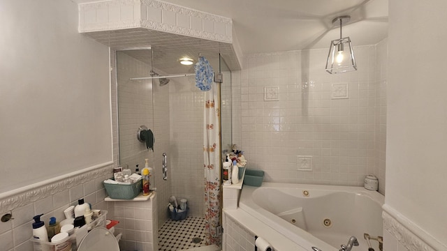 455 Laurel Pine Rd, Cresco, PA 18326 - bathroom with a shower stall, a tub with jets, tile walls, and a wainscoted wall