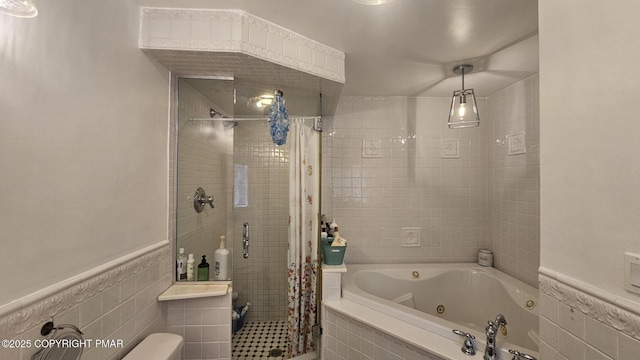455 Laurel Pine Rd, Cresco, PA 18326 - full bath with a stall shower, a whirlpool tub, tile walls, and wainscoting